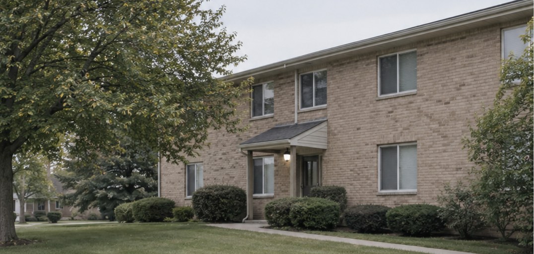 A two-story brick apartment building with mature trees and trimmed hedges.
